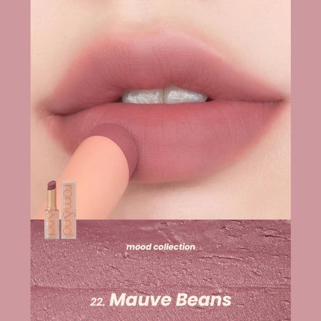 Rom&nd Zero Matte Lipstick sÀvy 22 Mauve Beans huulilla