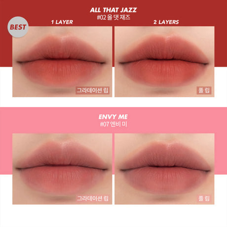 Rom&nd Zero Matte Lipstick sÀvyt 02 All That Jazz ja 07 Envy Me huulilla