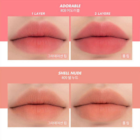 Rom&nd Zero Matte Lipstick sÀvyt 08 Adorable ja 09 Shell Nude huulilla