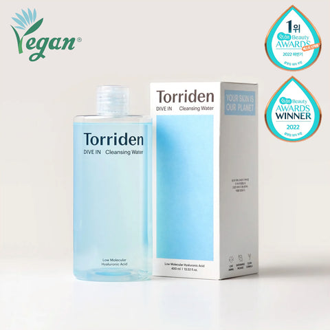 Torriden DIVE-IN Hyaluronic Acid Cleansing Water pakkaus  ja palkinnot