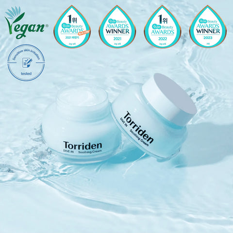 Torriden DIVE-IN Hyaluronic Acid Soothing Cream tuotekuva ja palkinnot